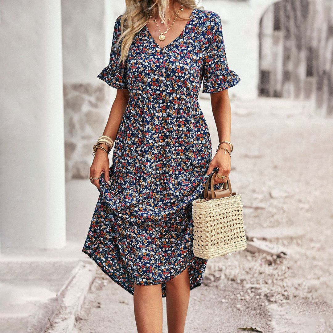 Lexi | Women's V-Neck A-Line Midi Dress-Metro Lane Plaza