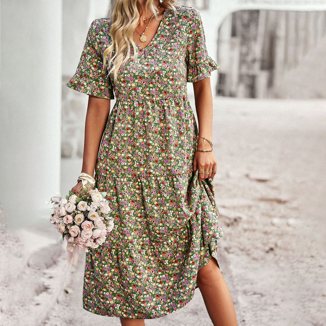Lexi | Women's V-Neck A-Line Midi Dress-Metro Lane Plaza