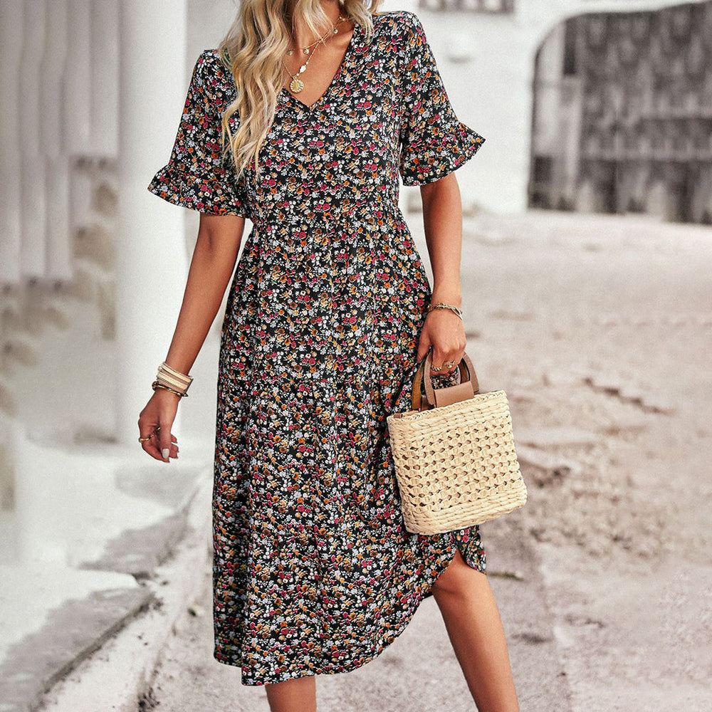 Lexi | Women's V-Neck A-Line Midi Dress-Metro Lane Plaza