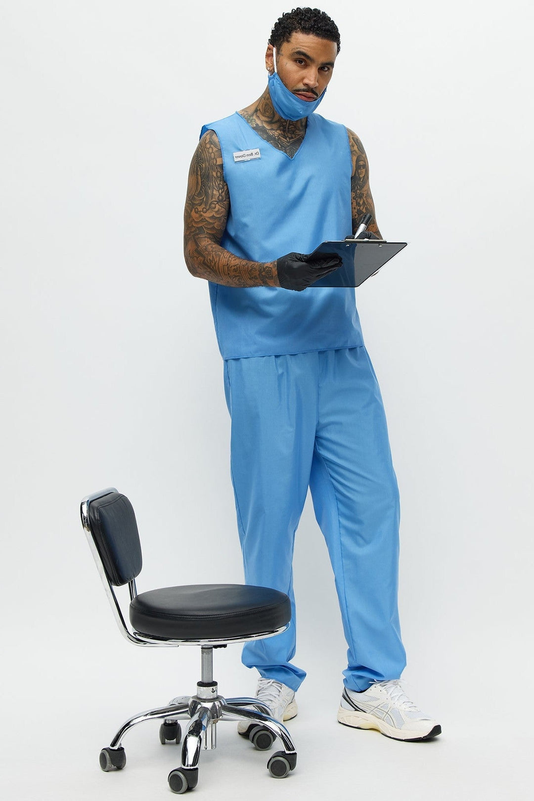 Women's Blue Medical Scrub Costume Set with V Neck Top and Loose Fit Pants