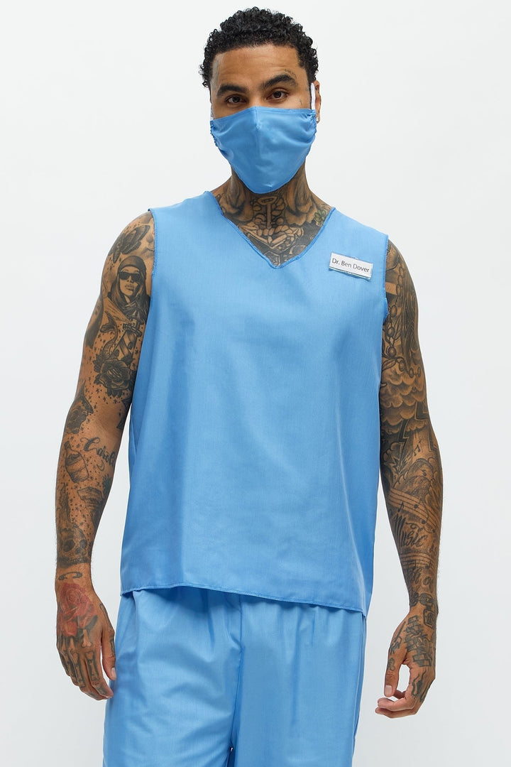 Women's Blue Medical Scrub Costume Set with V Neck Top and Loose Fit Pants