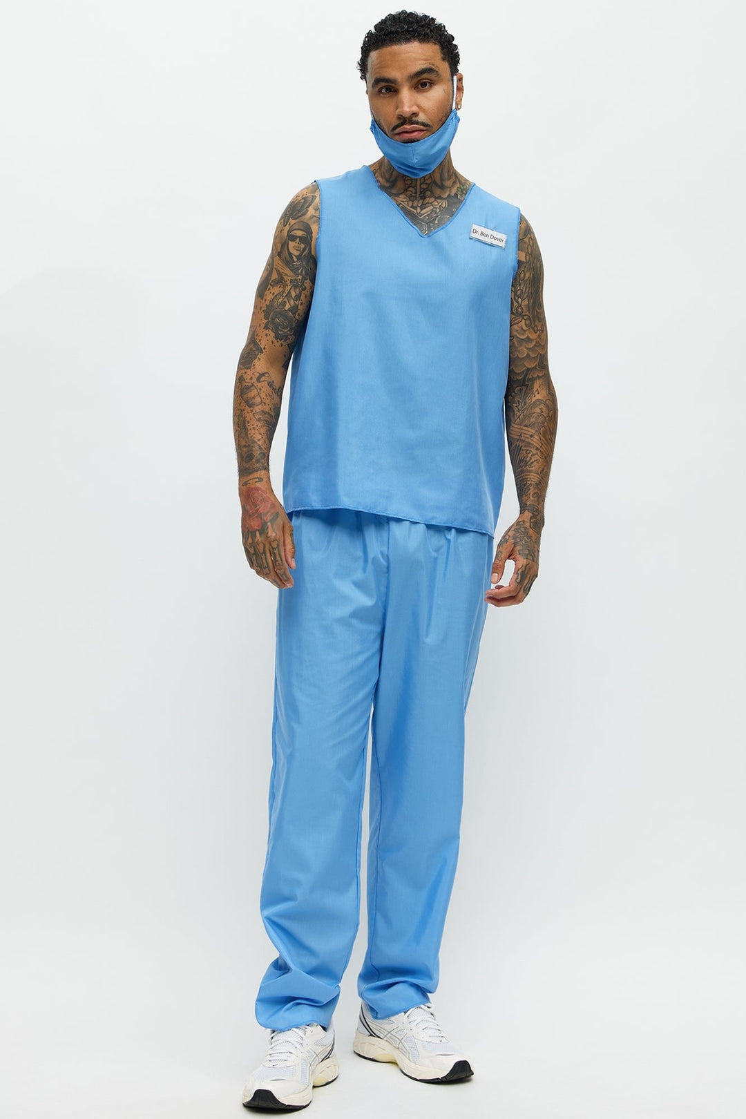 Women's Blue Medical Scrub Costume Set with V Neck Top and Loose Fit Pants