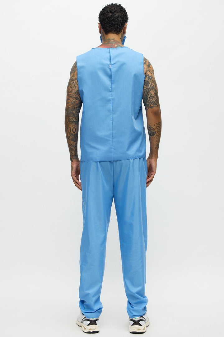 Women's Blue Medical Scrub Costume Set with V Neck Top and Loose Fit Pants