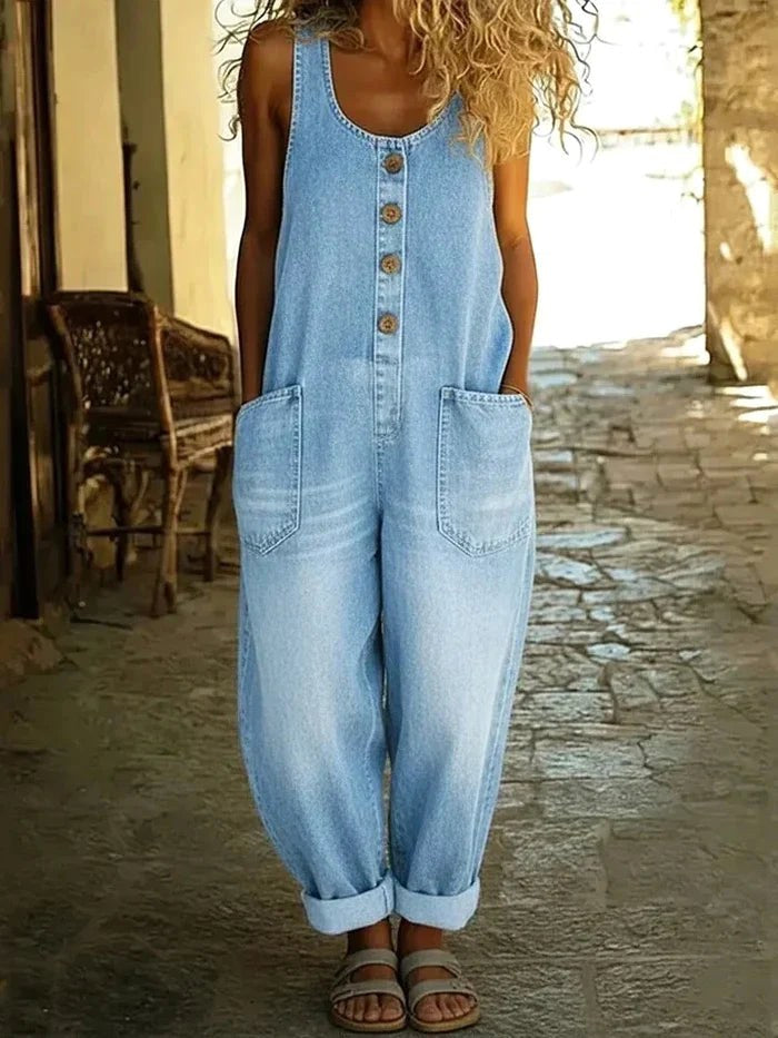 Vintage-inspireret denimjumpsuit i bomuld til kvinder