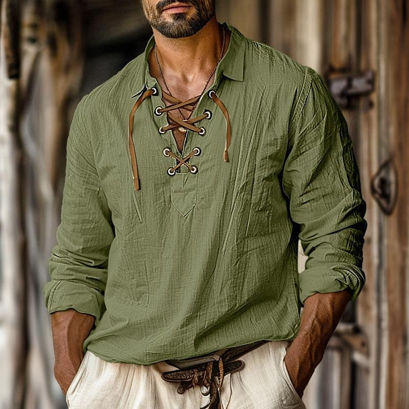 Men's Lace-Up Long Sleeve Shirt | Stylish Casual Wear for Men-Metro Lane Plaza