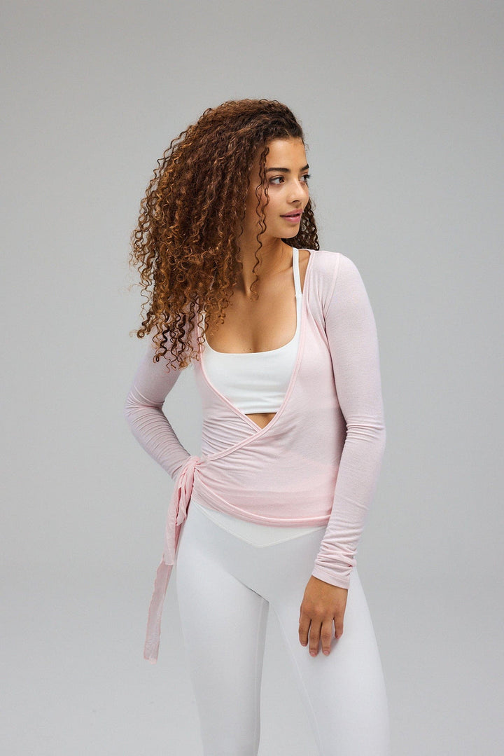 Emily | Women's Pink Wrap Blouse with Long Sleeves and Adjustable Straps-Metro Lane Plaza