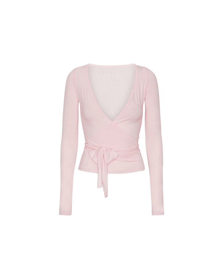 Emily | Women's Pink Wrap Blouse with Long Sleeves and Adjustable Straps-Metro Lane Plaza