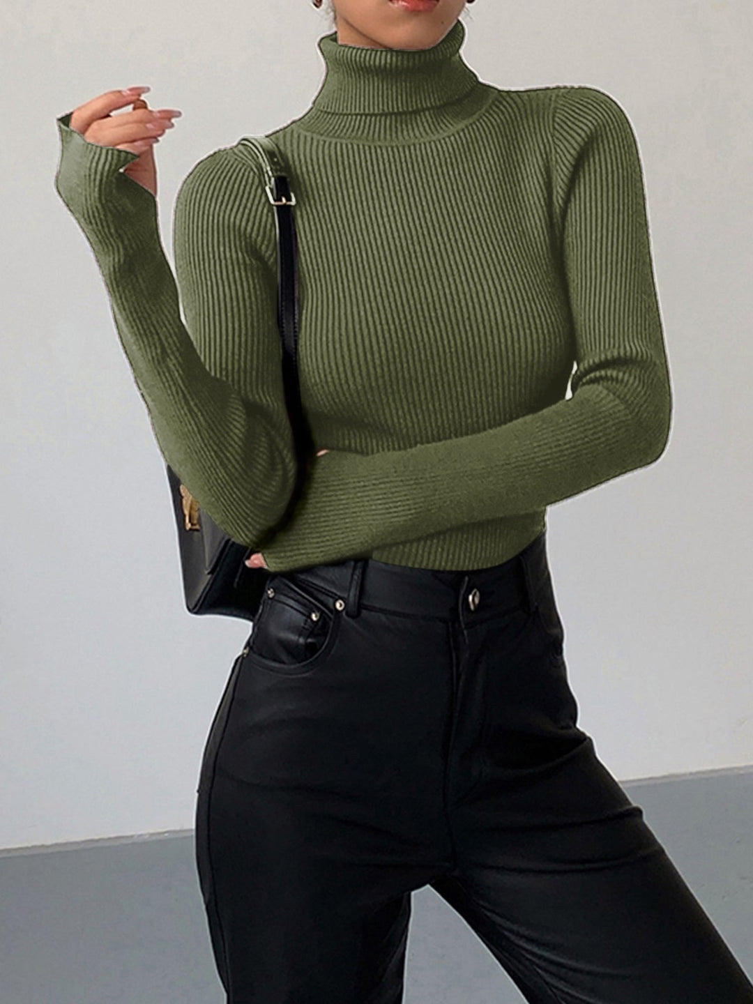 Maglione dolcevita a coste da donna, pullover in maglia lavorata
