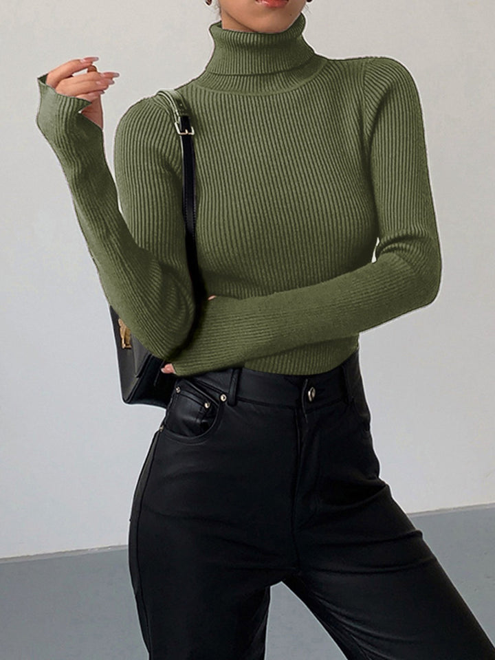 Maglione dolcevita a coste da donna, pullover in maglia lavorata