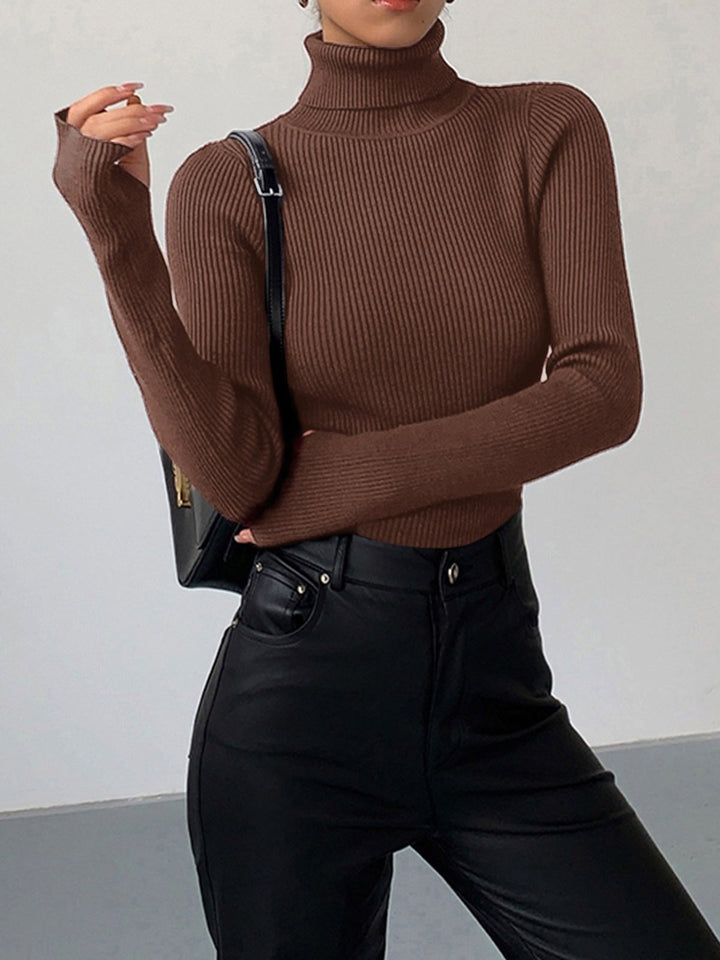 Maglione dolcevita a coste da donna, pullover in maglia lavorata
