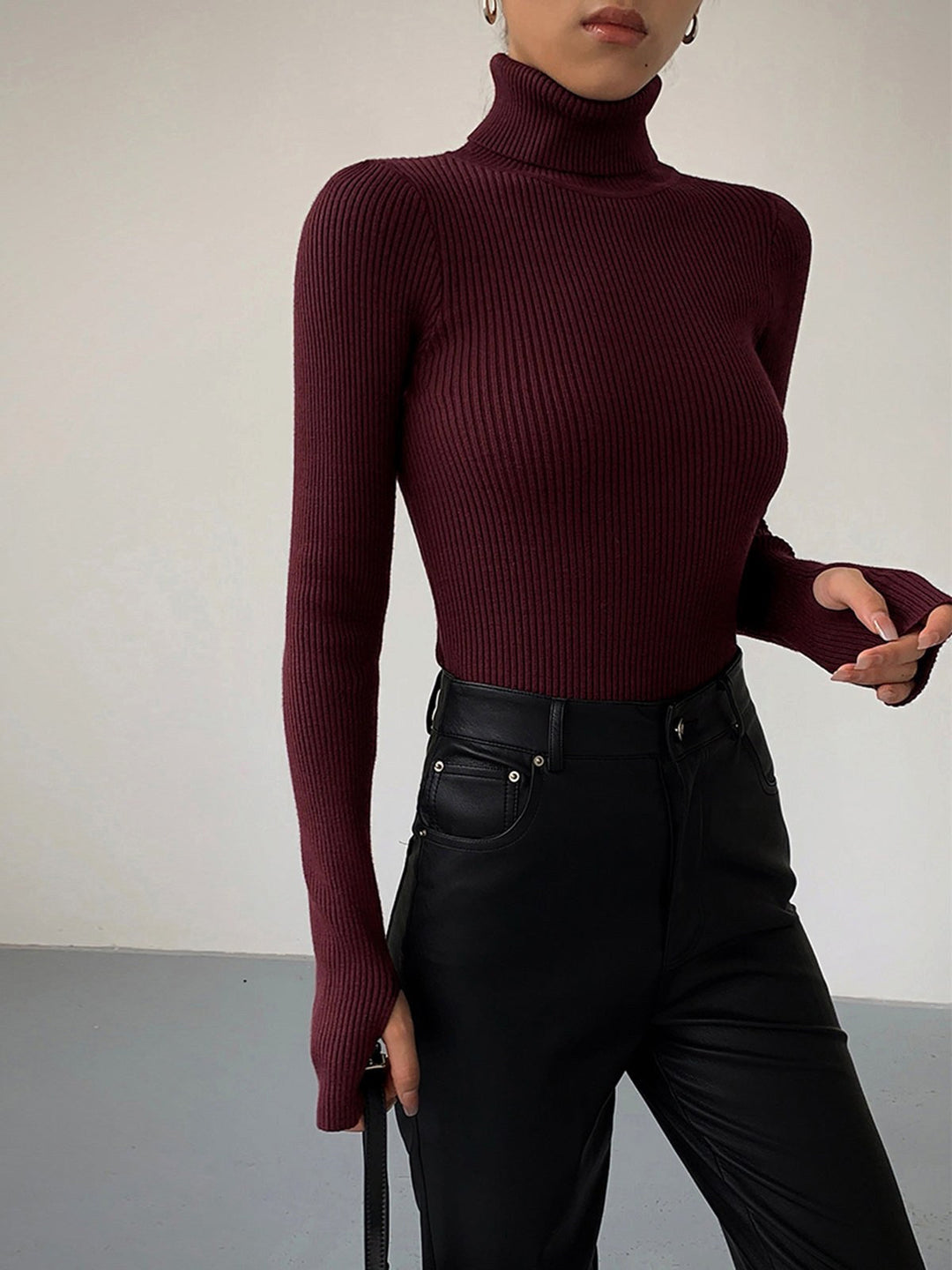Maglione dolcevita a coste da donna, pullover in maglia lavorata