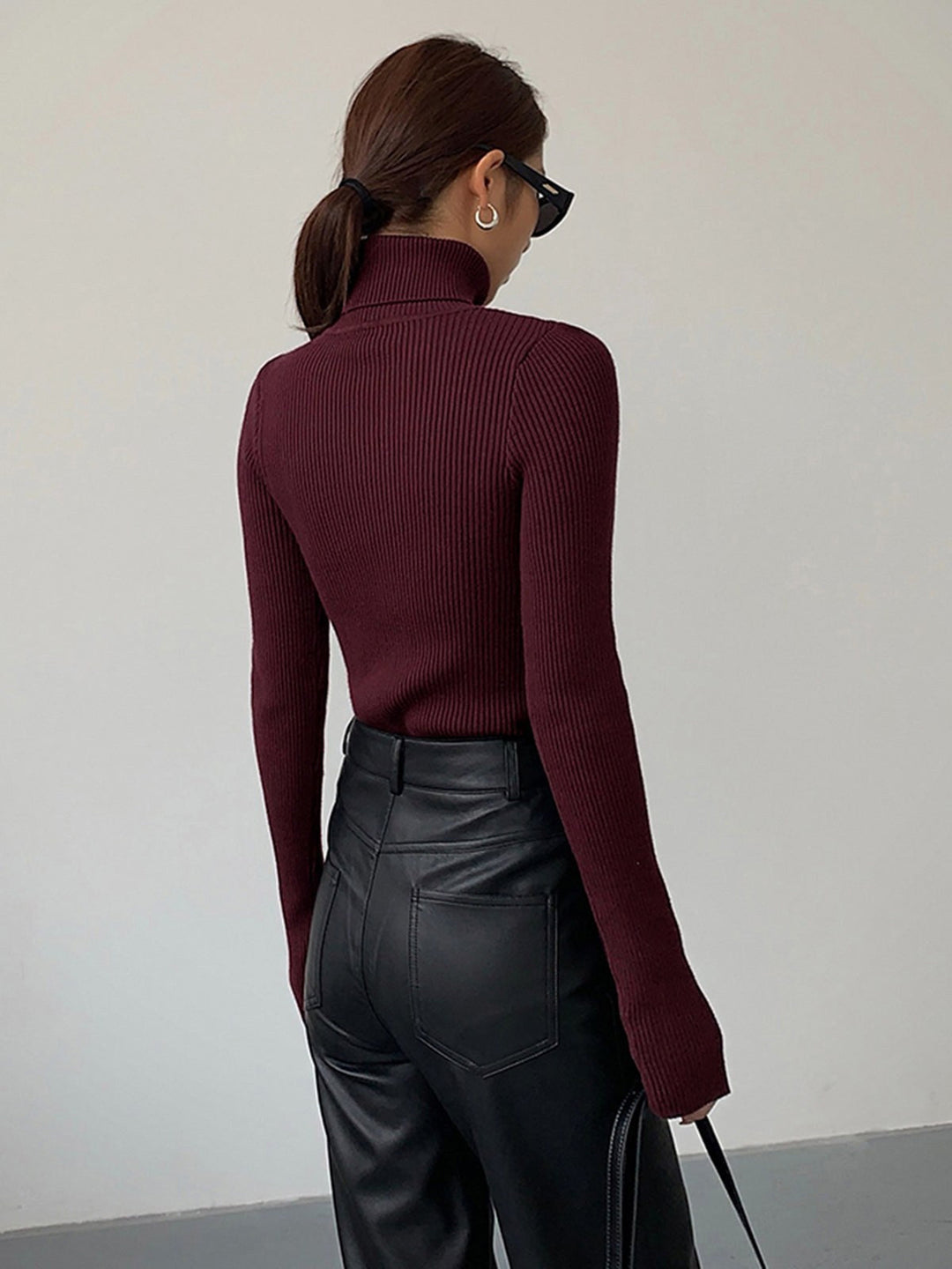 Maglione dolcevita a coste da donna, pullover in maglia lavorata