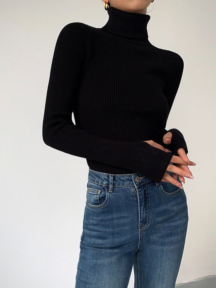 Maglione dolcevita a coste da donna, pullover in maglia lavorata