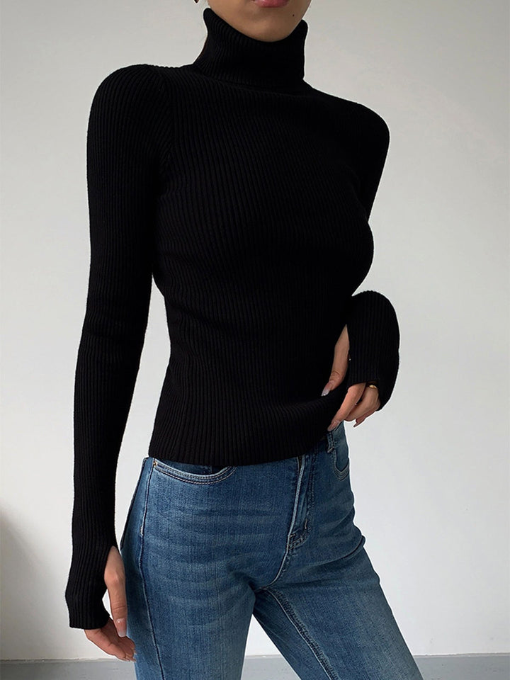 Maglione dolcevita a coste da donna, pullover in maglia lavorata