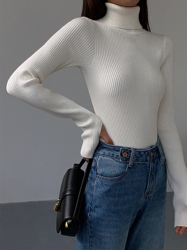 Maglione dolcevita a coste da donna, pullover in maglia lavorata