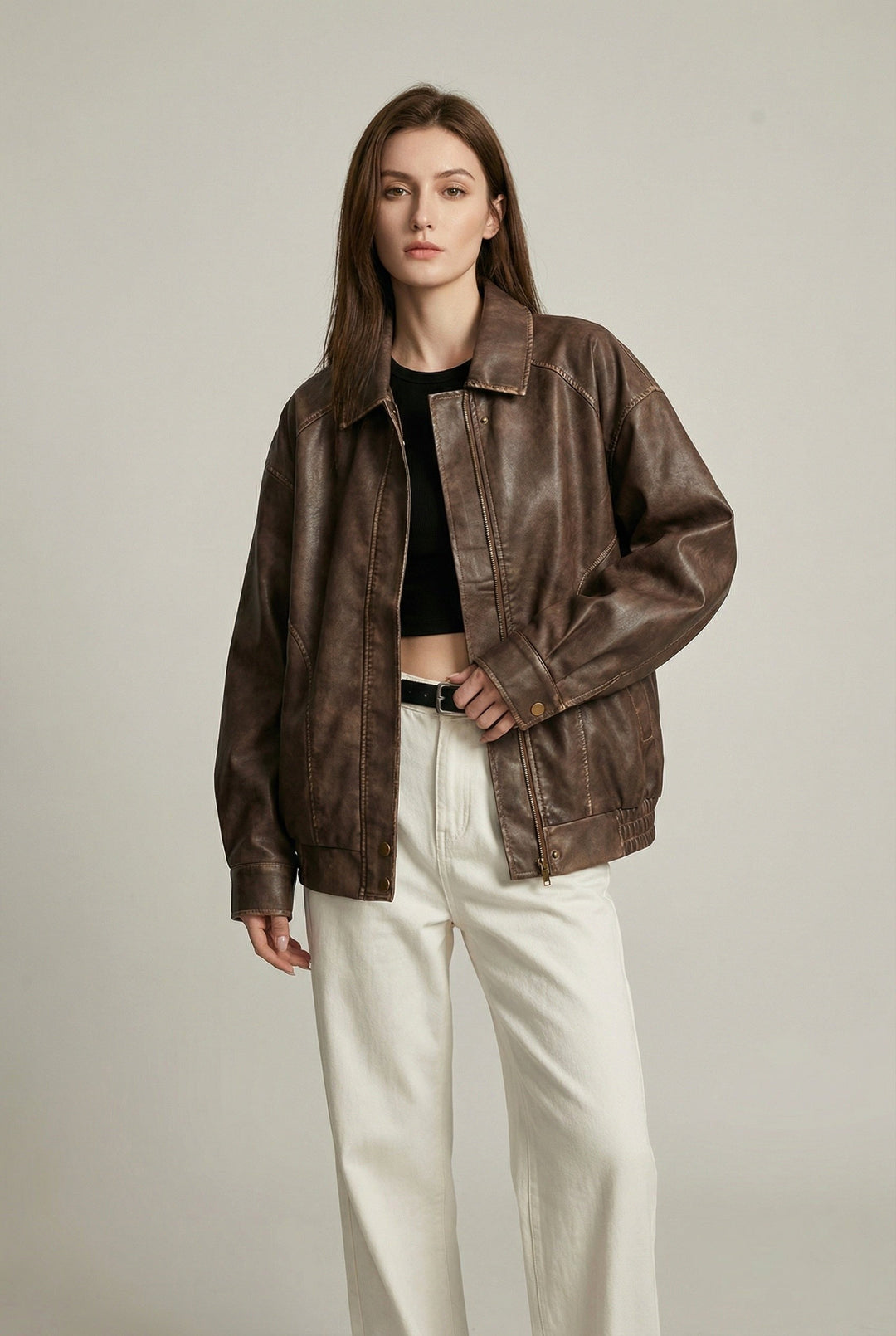 Women's Oversized Faux Leather Jacket in Vintage Brown