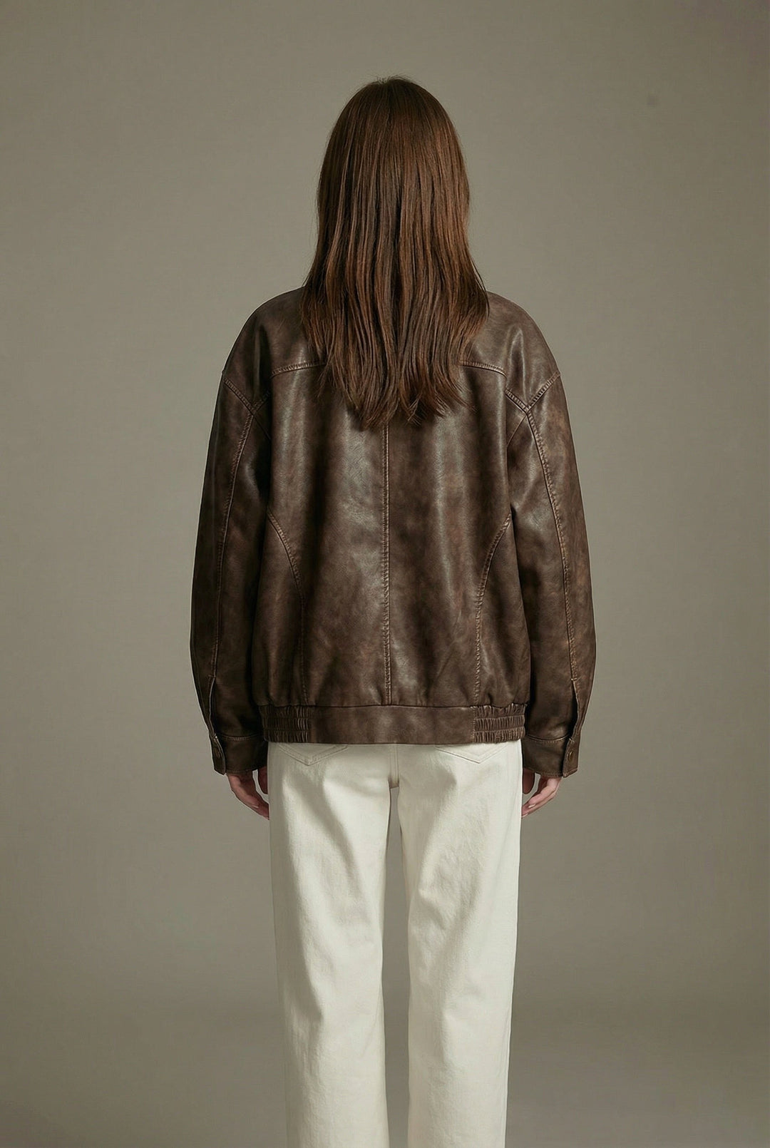 Women's Oversized Faux Leather Jacket in Vintage Brown