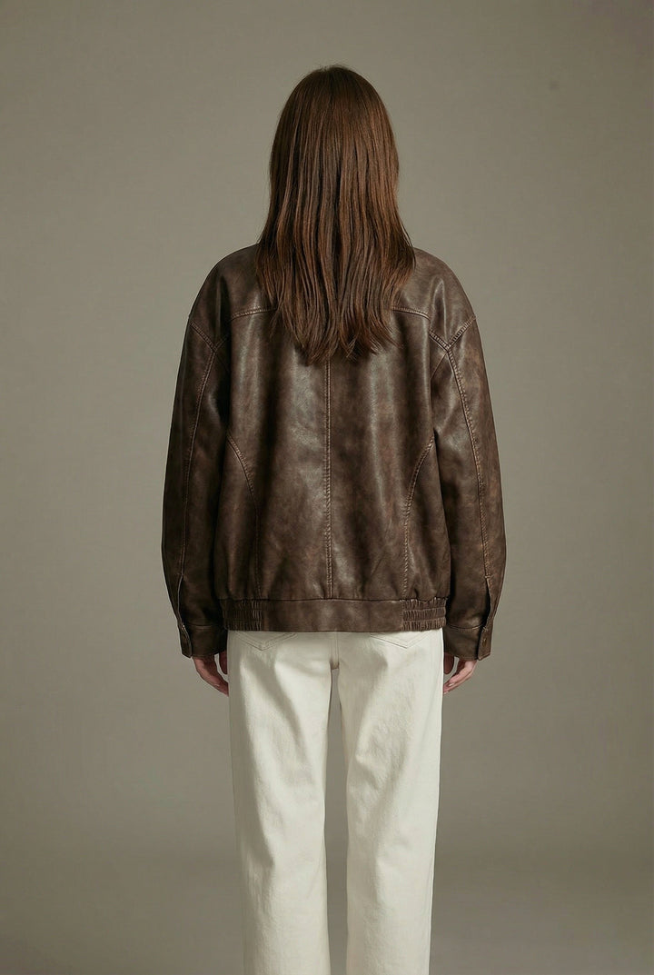 Women's Oversized Faux Leather Jacket in Vintage Brown