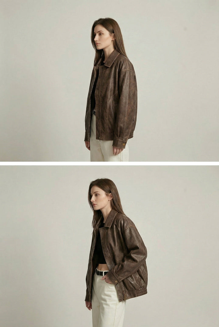 Women's Oversized Faux Leather Jacket in Vintage Brown