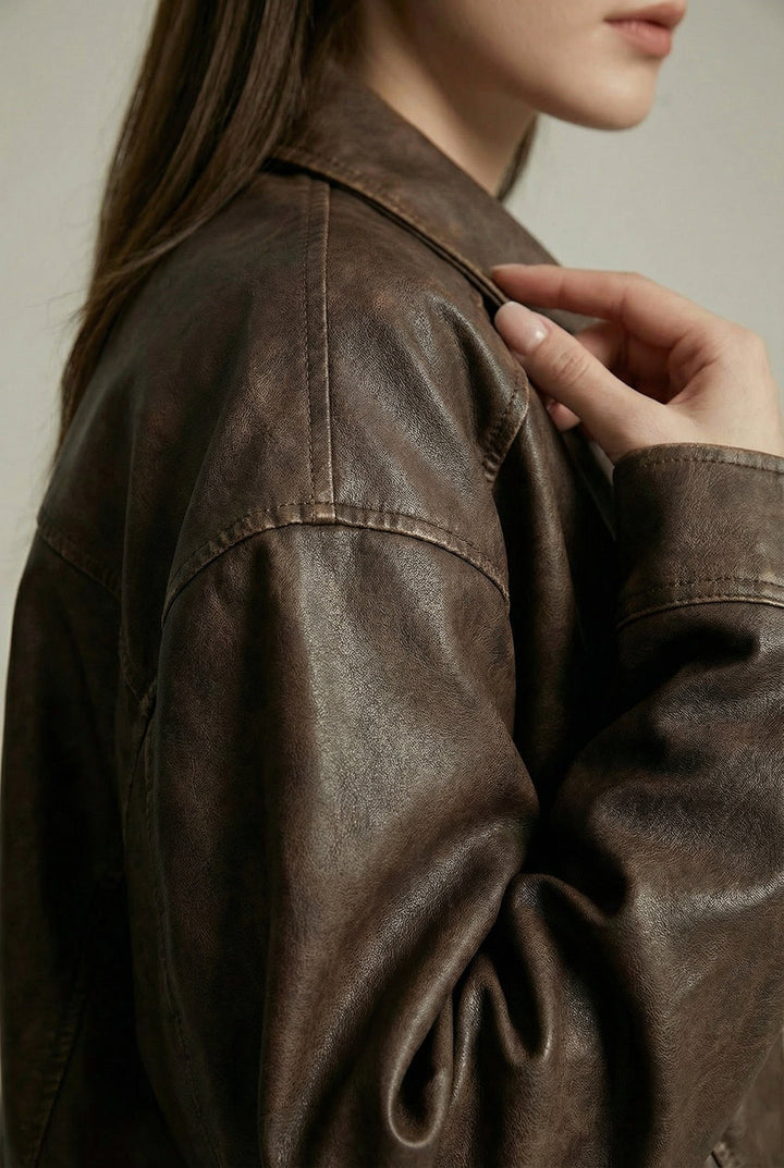 Women's Oversized Faux Leather Jacket in Vintage Brown