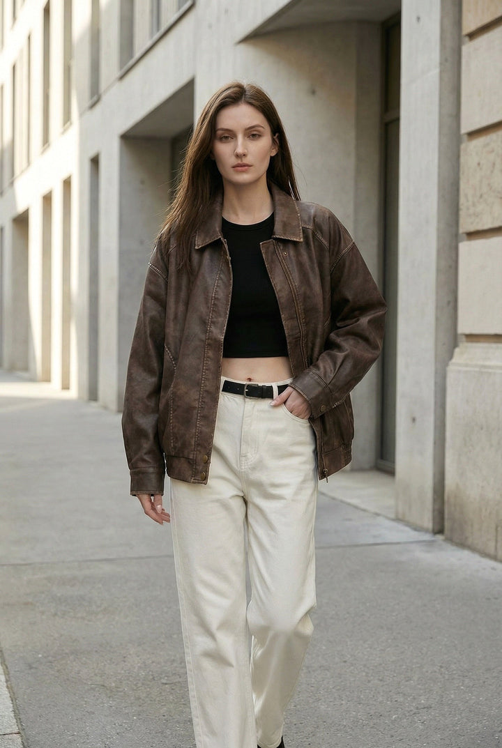 Women's Oversized Faux Leather Jacket in Vintage Brown