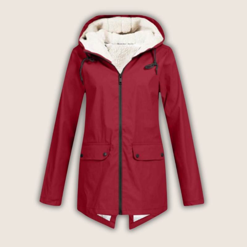 Chaqueta impermeable de lluvia con capucha y detalles de bolsillos para mujer
