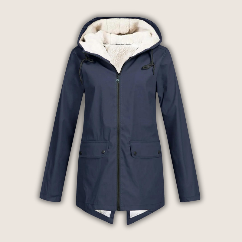 Chaqueta impermeable de lluvia con capucha y detalles de bolsillos para mujer