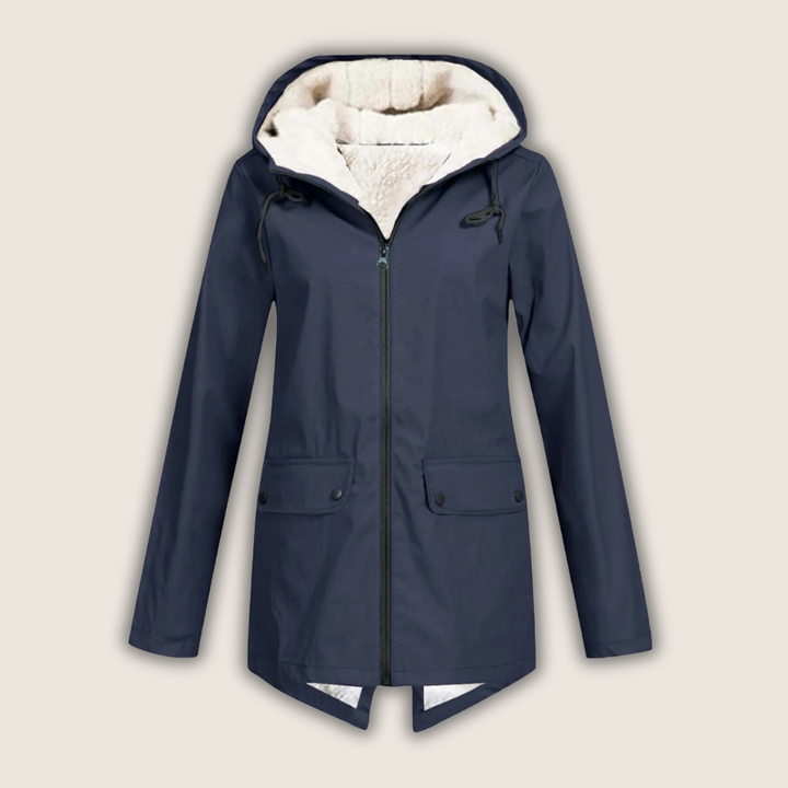 Chaqueta impermeable de lluvia con capucha y detalles de bolsillos para mujer