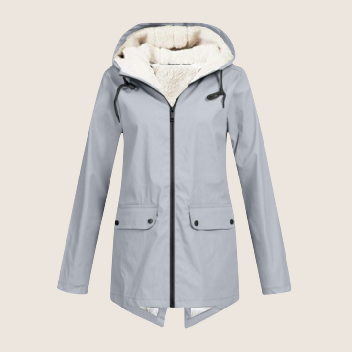 Chaqueta impermeable de lluvia con capucha y detalles de bolsillos para mujer