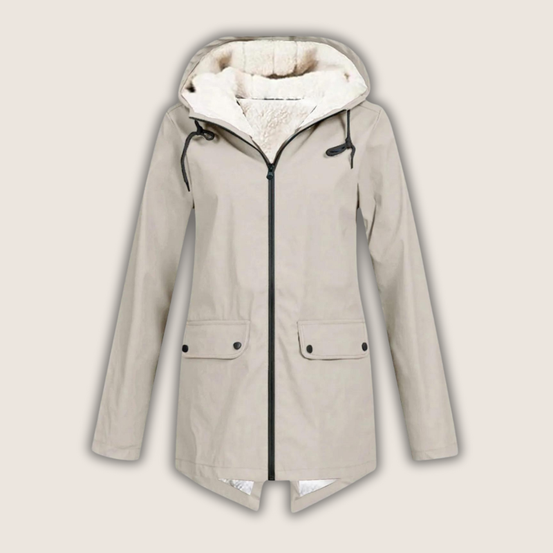 Chaqueta impermeable de lluvia con capucha y detalles de bolsillos para mujer