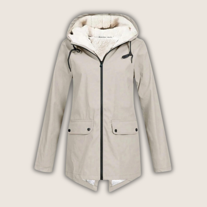 Chaqueta impermeable de lluvia con capucha y detalles de bolsillos para mujer