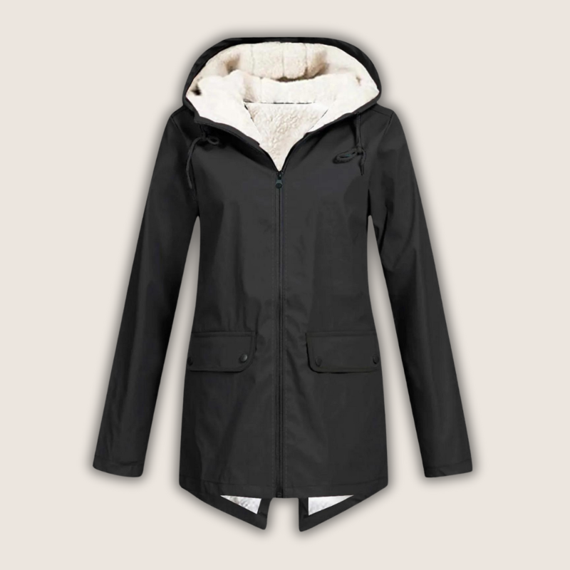 Chaqueta impermeable de lluvia con capucha y detalles de bolsillos para mujer