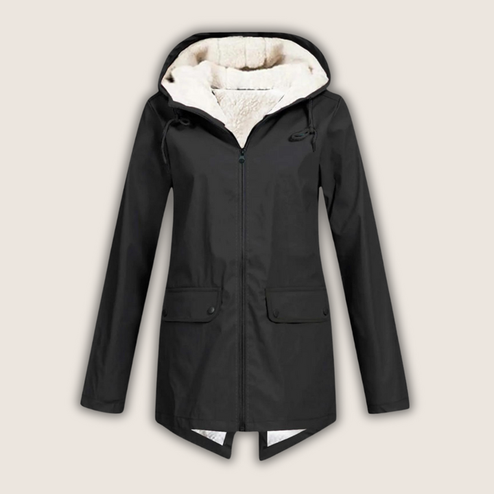 Chaqueta impermeable de lluvia con capucha y detalles de bolsillos para mujer