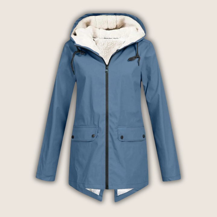 Chaqueta impermeable de lluvia con capucha y detalles de bolsillos para mujer
