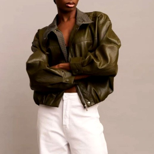 Veste oversize courte en cuir pour femme à col montant