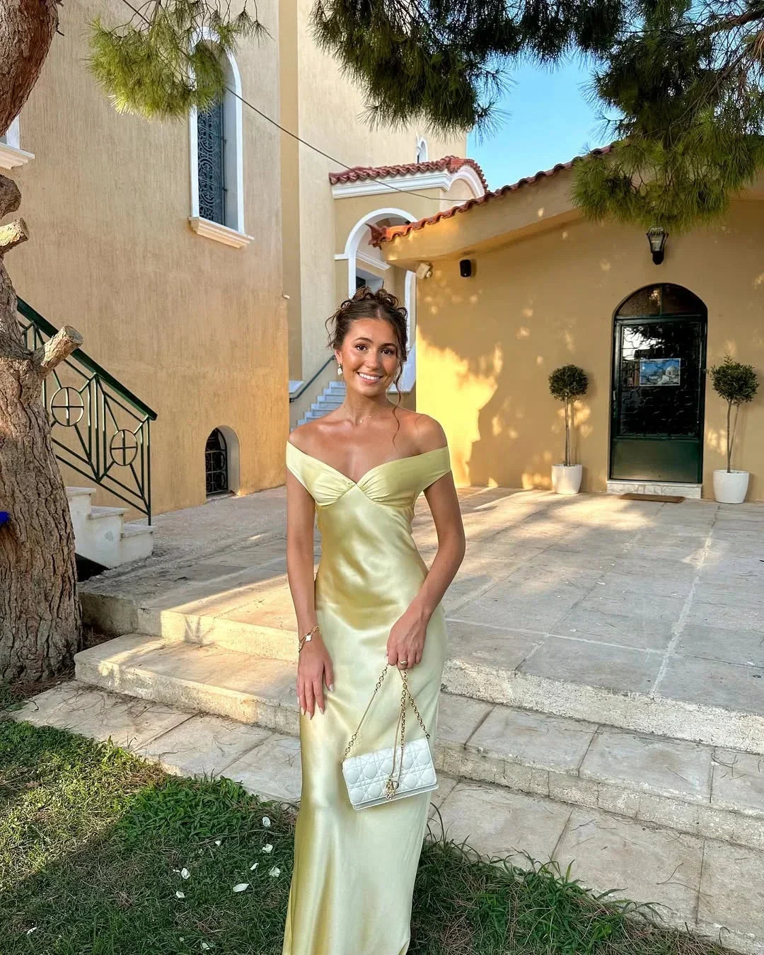 Women's Elegant Off-Shoulder Yellow Maxi Dress for Special Occasions-Metro Lane Plaza