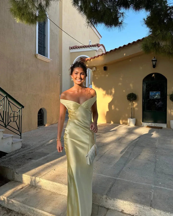 Women's Elegant Off-Shoulder Yellow Maxi Dress for Special Occasions-Metro Lane Plaza