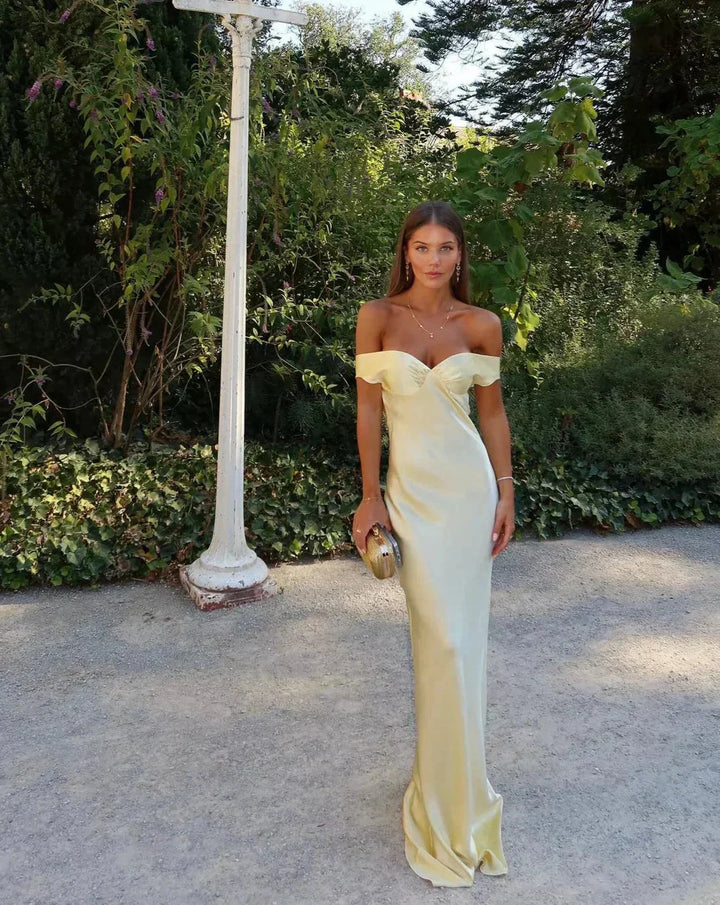 Women's Elegant Off-Shoulder Yellow Maxi Dress for Special Occasions-Metro Lane Plaza