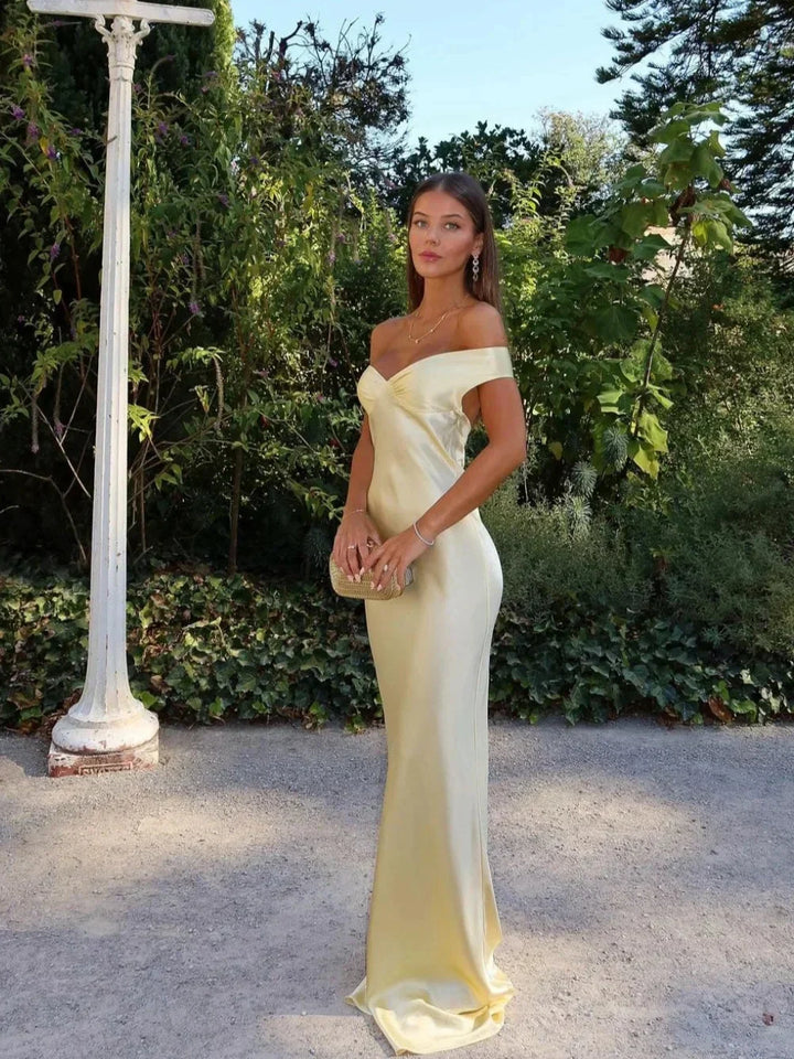 Women's Elegant Off-Shoulder Yellow Maxi Dress for Special Occasions-Metro Lane Plaza