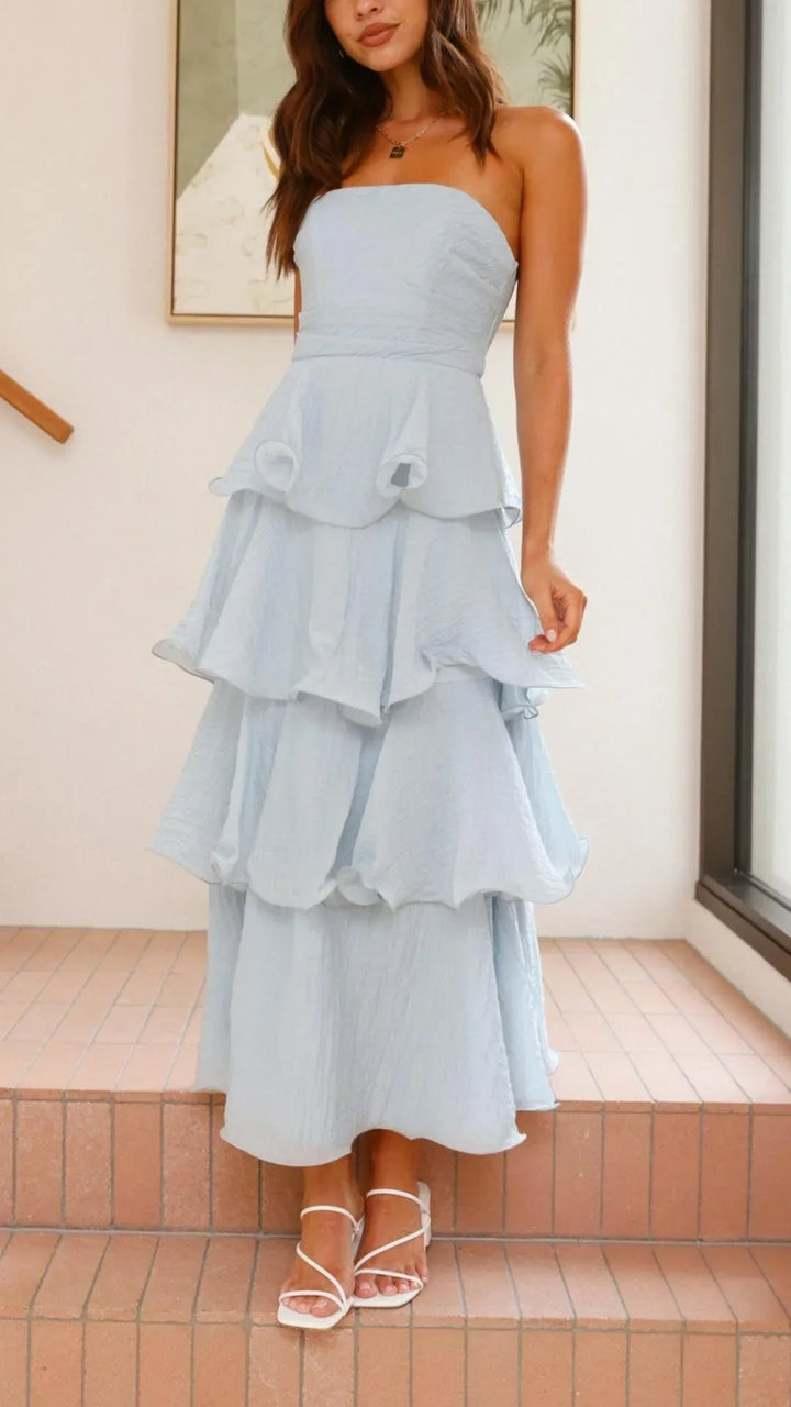 Women's Strapless Tiered Dress with Elegant Layers-Metro Lane Plaza