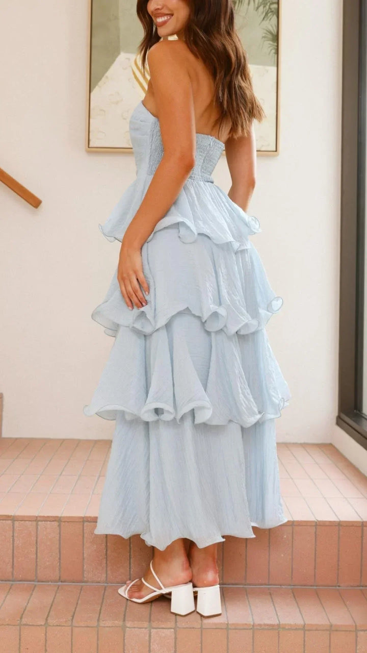 Women's Strapless Tiered Dress with Elegant Layers-Metro Lane Plaza