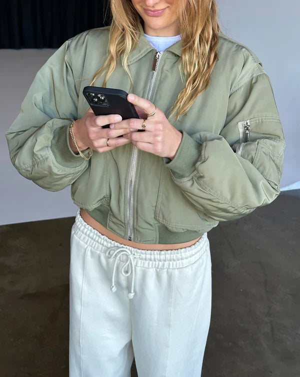 Megan | Women's Short Lined Bomber Jacket with Boxy Fit-Metro Lane Plaza