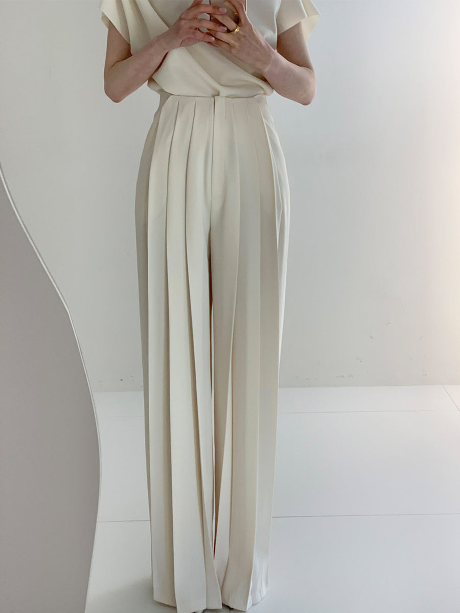 Megan | Women's Pleated High Waist Wide Leg Trousers-Metro Lane Plaza