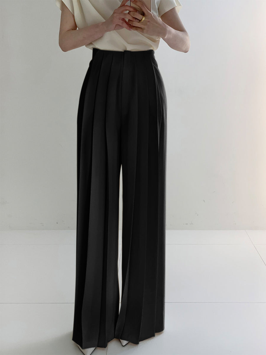 Megan | Women's Pleated High Waist Wide Leg Trousers-Metro Lane Plaza