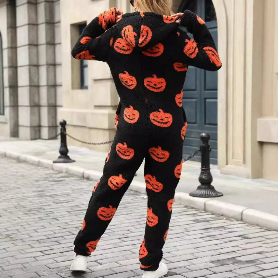 Women's Halloween Jumpsuit - Pumpkin Print Zip-Up Style