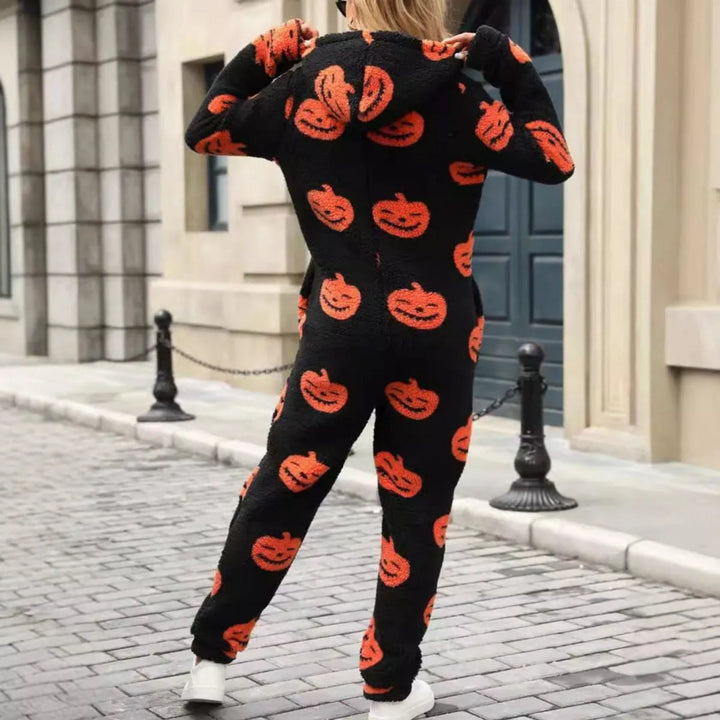 Women's Halloween Jumpsuit - Pumpkin Print Zip-Up Style