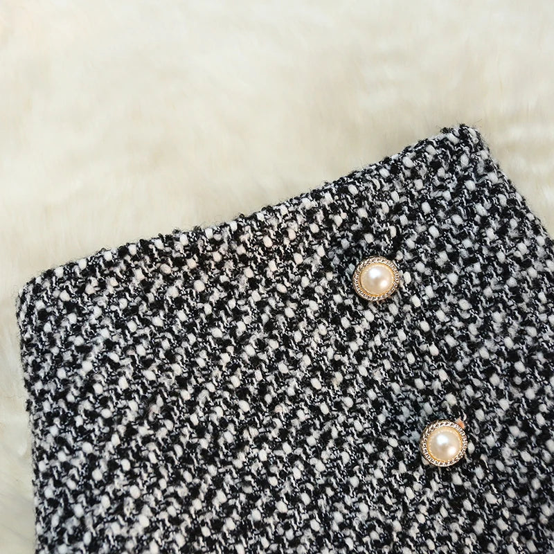 Women's Dark Gray Tweed High-Waisted Skirt with Elegant Fit-Metro Lane Plaza