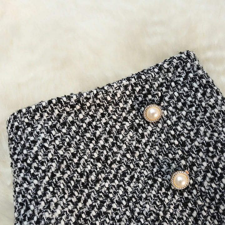 Women's Dark Gray Tweed High-Waisted Skirt with Elegant Fit-Metro Lane Plaza