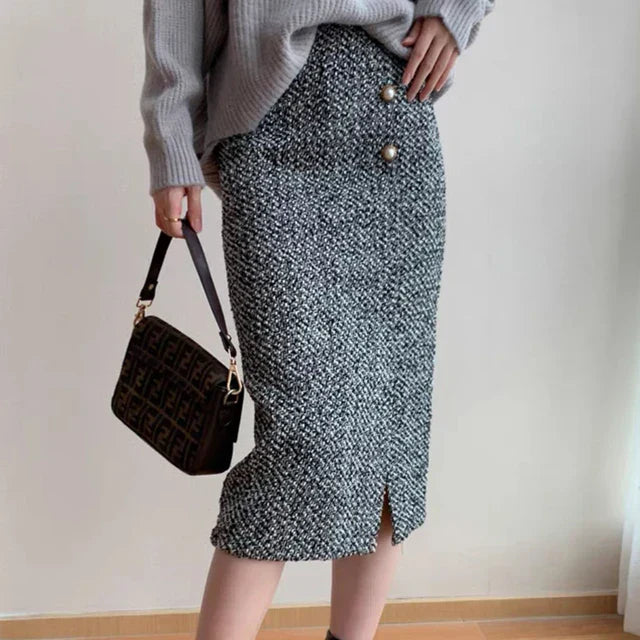 Women's Dark Gray Tweed High-Waisted Skirt with Elegant Fit-Metro Lane Plaza