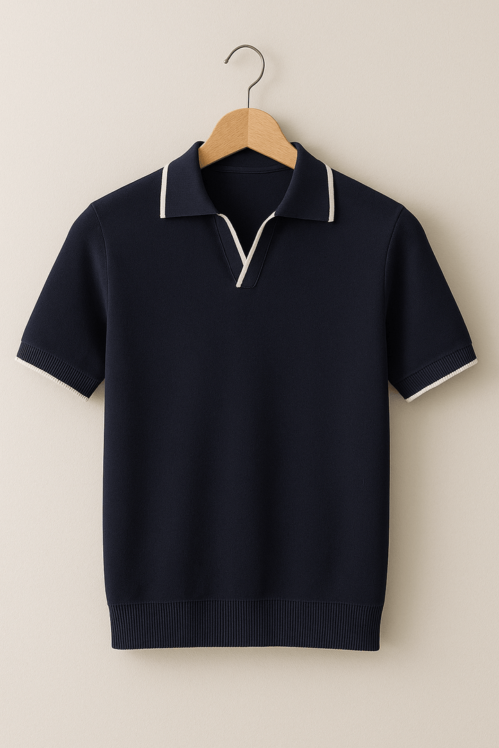 Aaron | Men's Knitted Polo Shirt with Short Sleeve and Contrast Edge-Metro Lane Plaza